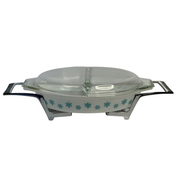 Vintage Pyrex Snowflake Oval Divided Casserole Dish | With Lid and Metal Carrier - Picture 1 of 12